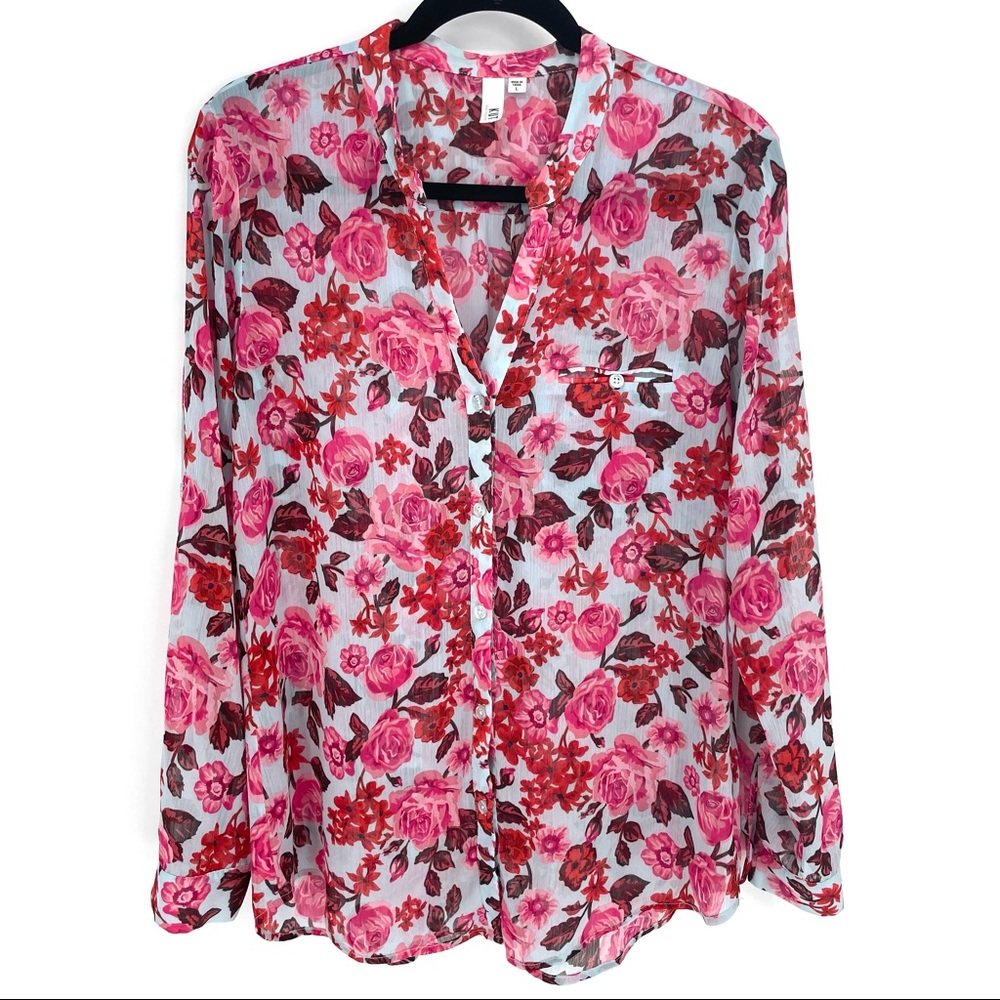 Kut from the Kloth Floral Blouse Pink Red Button Up Long Sleeve Semi-Sheer Top